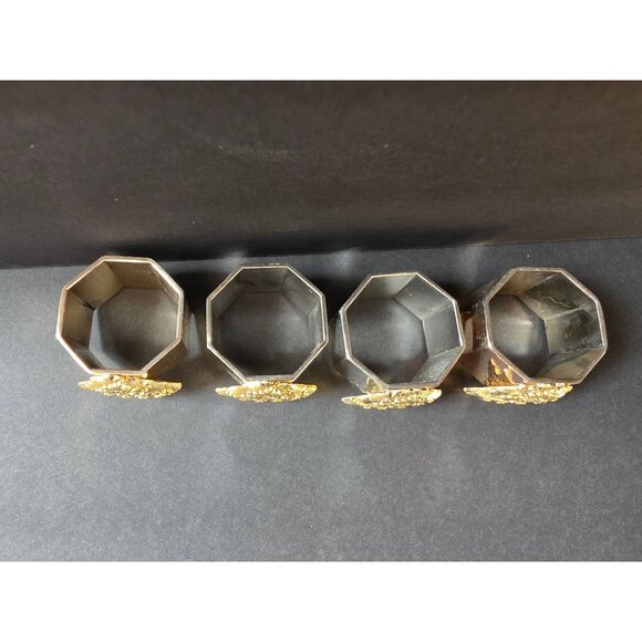 Set Of 4 Silver & Gold Christmas Tree Napkin Rings Octagonal Design - Picture 2 of 7